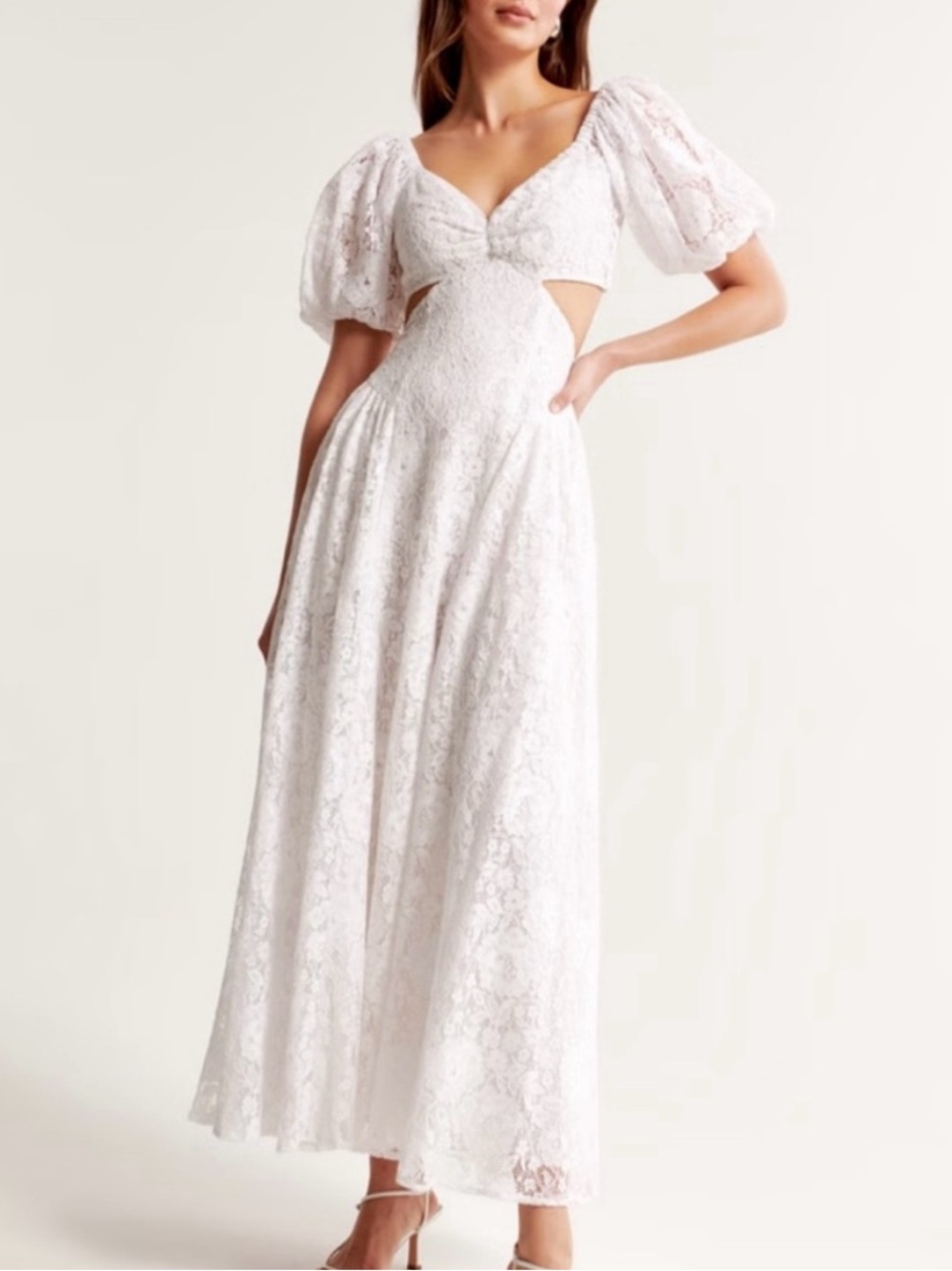 Abercrombie & Fitch White Lace Drama Puff Sleeve Cutout Maxi Dress- Medium Pet.